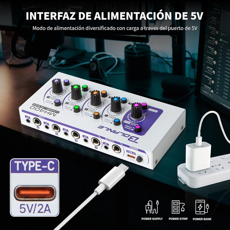 Bolanle Mini Audio Mixer,Stereo Line Mixer for Sub-Mixing,Ultra Low-Noise,4-Channel,Microphone Independent Control, 1/4" & 1/8" TRS Output and Input, for Guitars,Bass,Keyboards (MH400) - Image 5